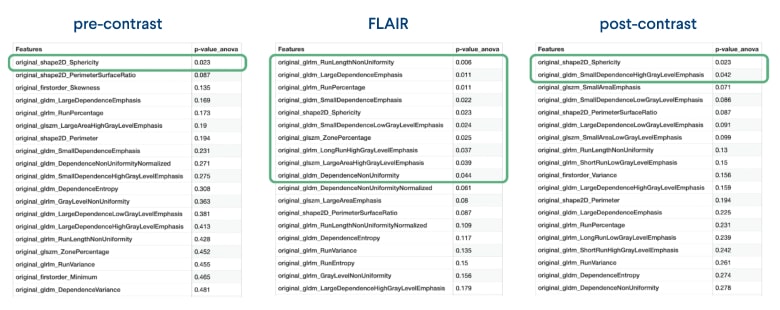 Figure 5: A list of radiomic features per each channel with statistically significant features outlined in green